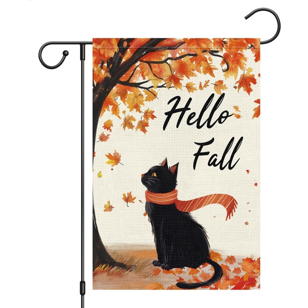 Hello Fall Black‎ Cat Garden Flag Autumn Leaves Double Sided 12 x 18 Inch